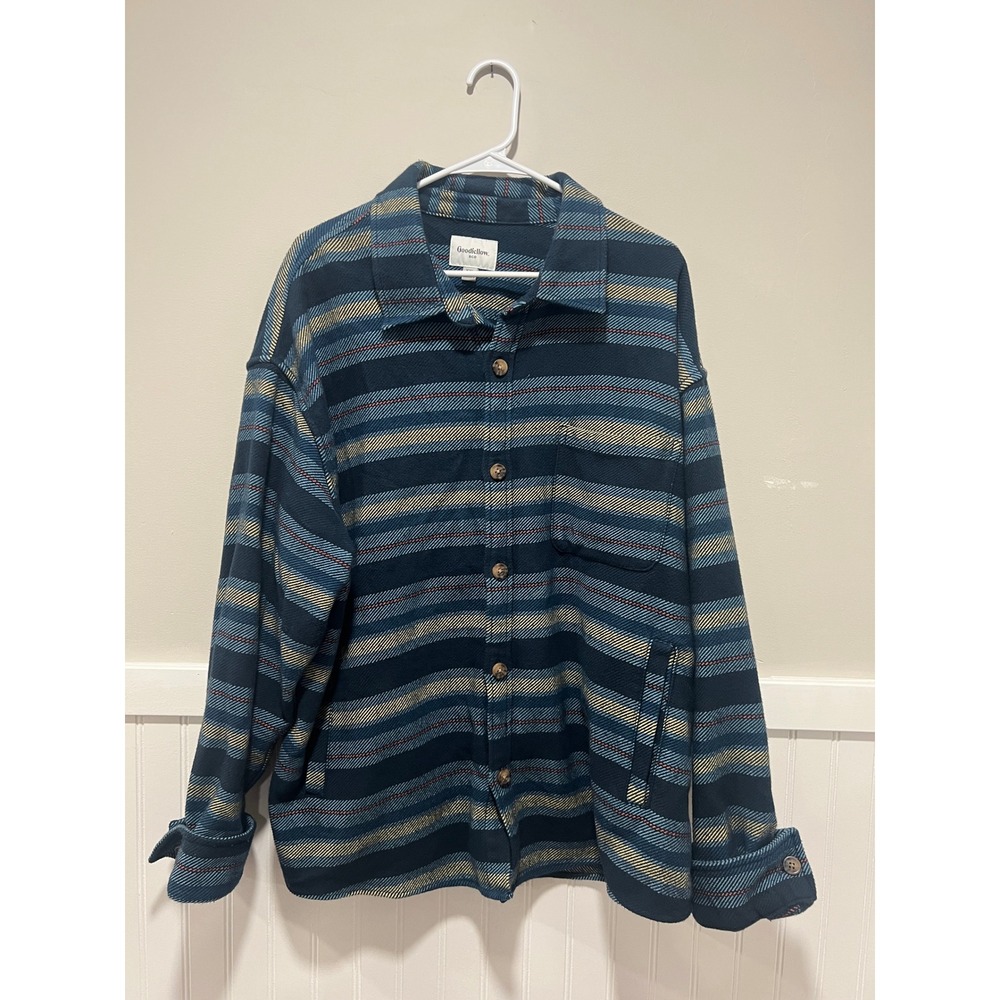 Good Fellow Button Down Flannel Long Sleeve Plaid Stripes Fall Blue Men Size XXL